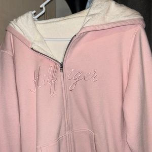 Large pink fuzzy Hilfiger zip up